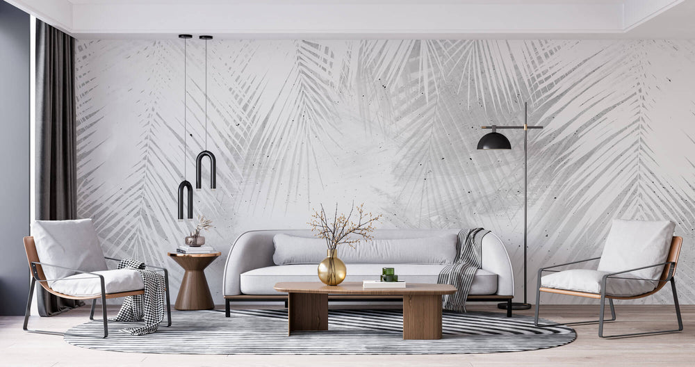 Tapet Personalizat Leaf cu frunze albe de palmier intr-un fundal gri ciment - WHITE PALM LEAVES
