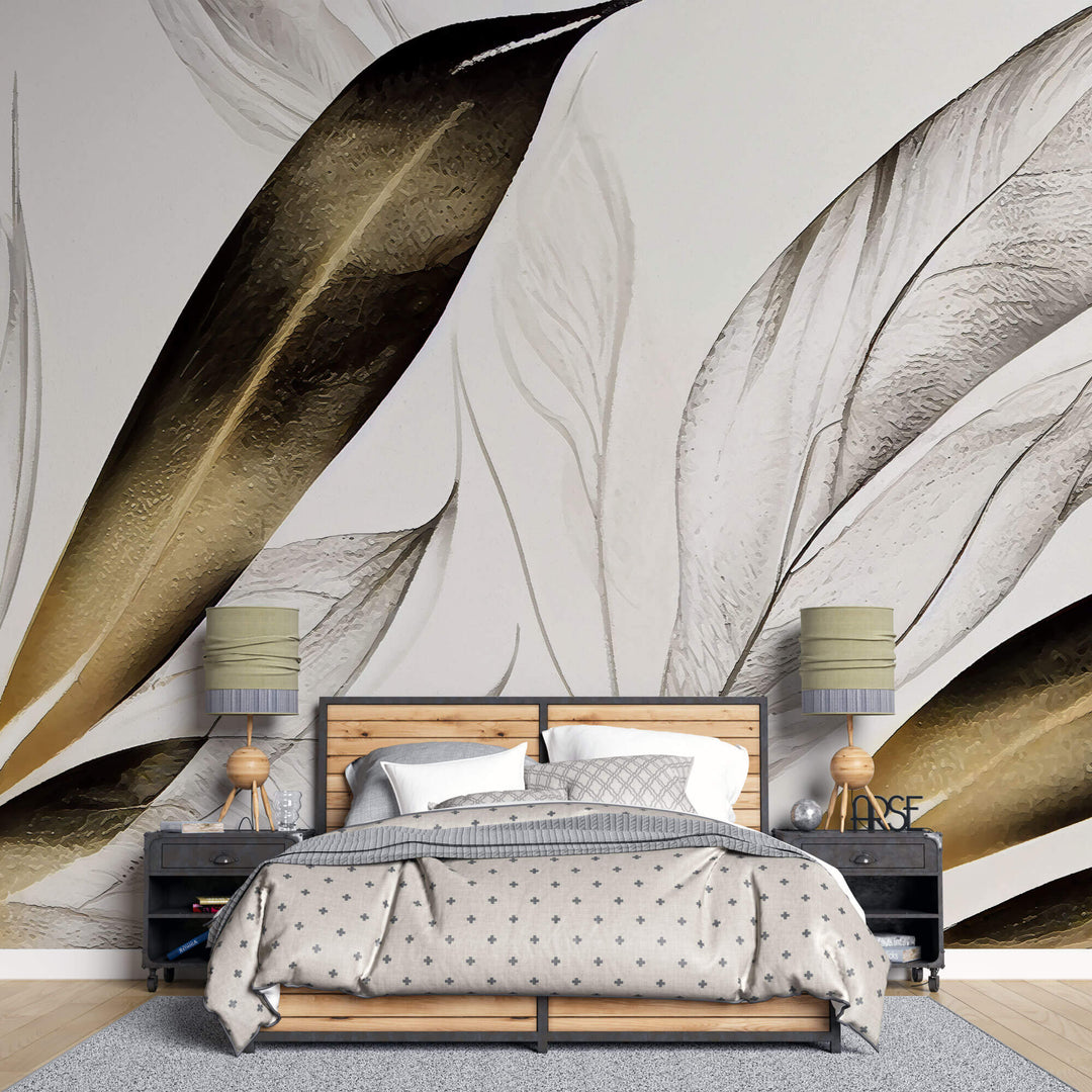 Tapet Personalizat Leaf cu frunze texturate in nuante de bej si crem - BEIGE FEATHER LEAVES II