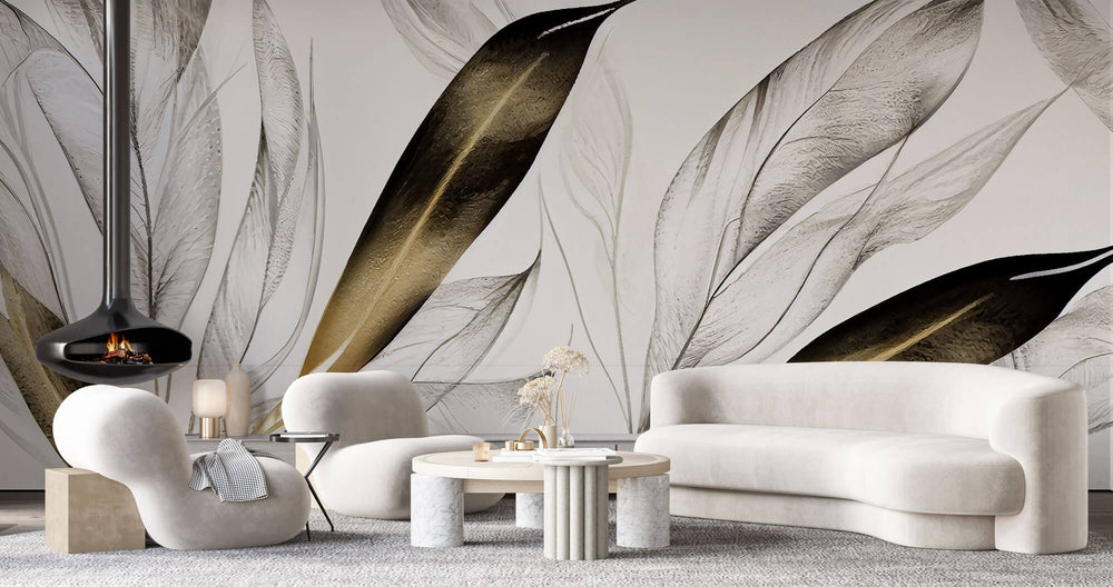 Tapet Personalizat Leaf cu frunze texturate in nuante de bej si crem - BEIGE FEATHER LEAVES II