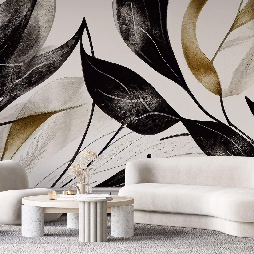 Tapet Personalizat Leaf cu frunze texturate in nuante de negru - BLACK TEXTURED LEAVES