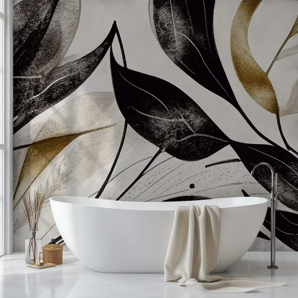 Tapet Personalizat Leaf cu frunze texturate in nuante de negru - BLACK TEXTURED LEAVES