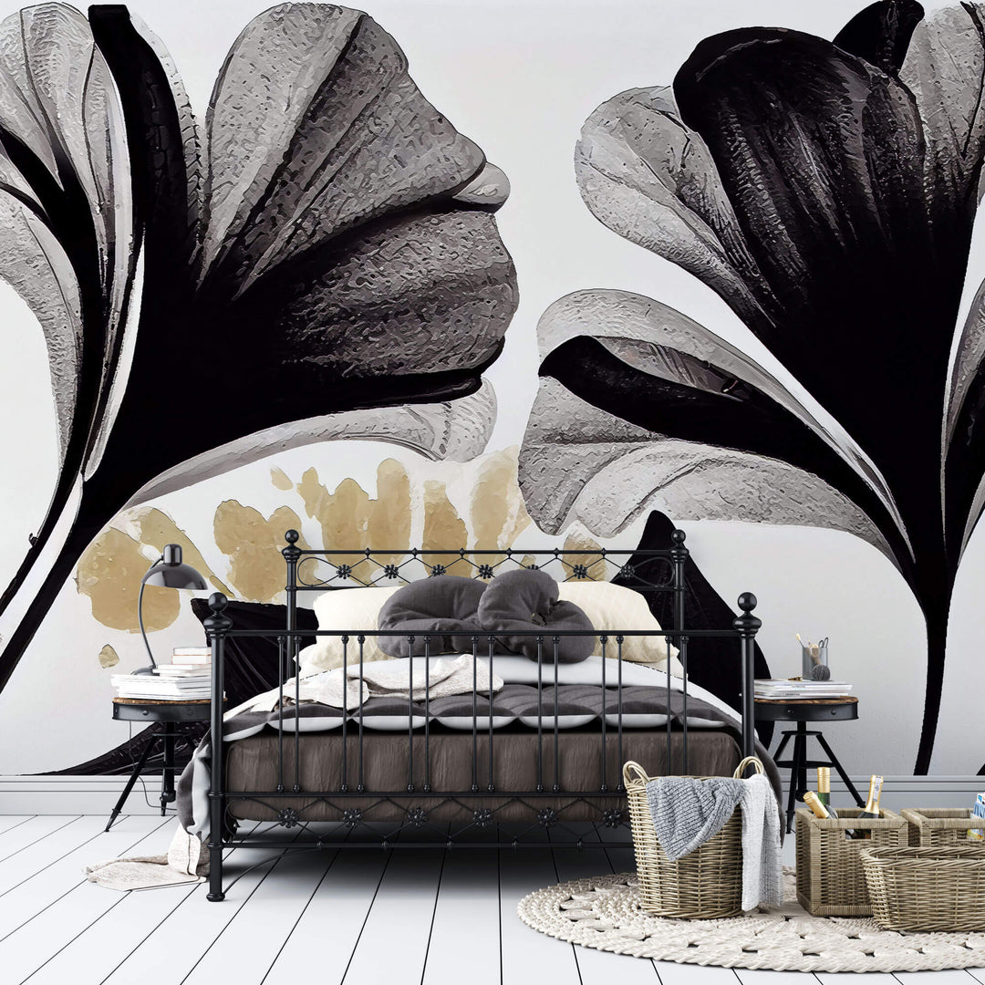 Tapet Personalizat Leaf cu frunze abstracte texturate in nuante de negru - BLACK BLOOM FLOWERS