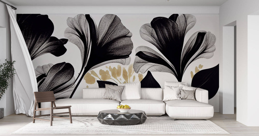 Tapet Personalizat Leaf cu frunze abstracte texturate in nuante de negru - BLACK BLOOM FLOWERS