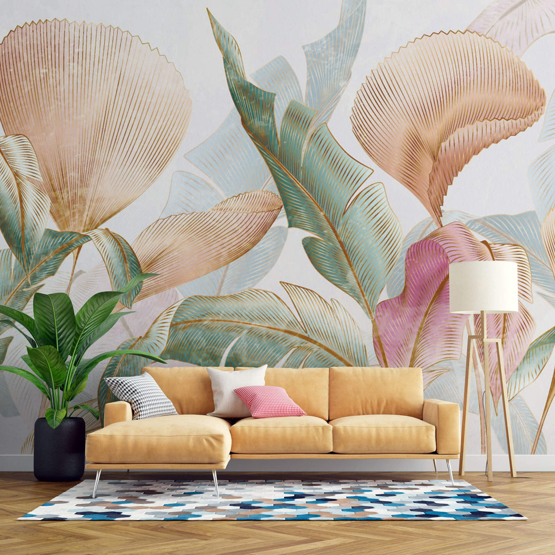 Tapet Personalizat Leaf cu frunze colorate in nuante de roz verde si roz - GOLD INFUSED LEAVES