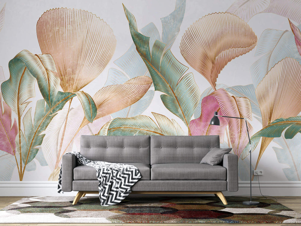 Tapet Personalizat Leaf cu frunze colorate in nuante de roz verde si roz - GOLD INFUSED LEAVES