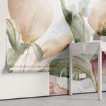 Tapet Personalizat Leaf cu frunze colorate in nuante de roz verde si roz - GOLD INFUSED LEAVES