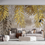 Tapet Personalizat Leaf cu frunze de palmier aurii pe un fundal texturat bej - GOLDEN FOIL LEAVES