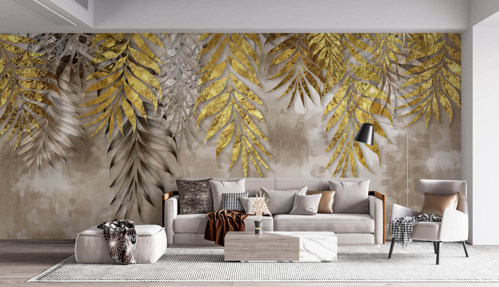 Tapet Personalizat Leaf cu frunze de palmier aurii pe un fundal texturat bej - GOLDEN FOIL LEAVES