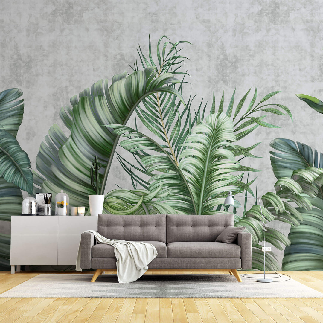 Tapet Personalizat Leaf cu frunze tropicale pe un fundal de perete cimentat - GROWING OVER