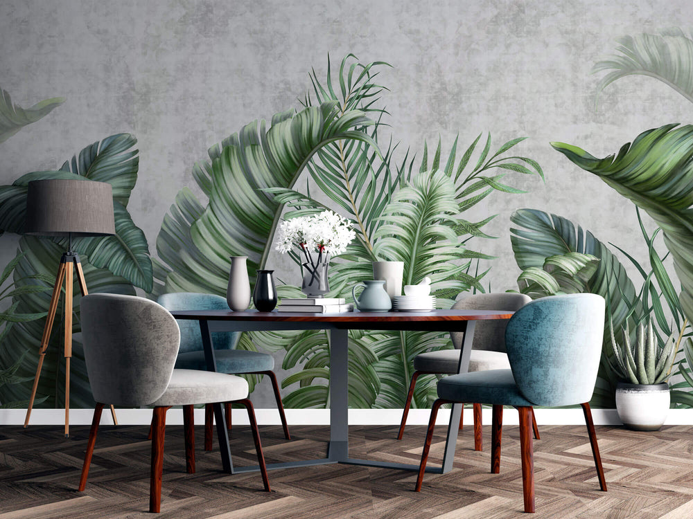 Tapet Personalizat Leaf cu frunze tropicale pe un fundal de perete cimentat - GROWING OVER