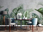 Tapet Personalizat Leaf cu frunze tropicale pe un fundal de perete cimentat - GROWING OVER