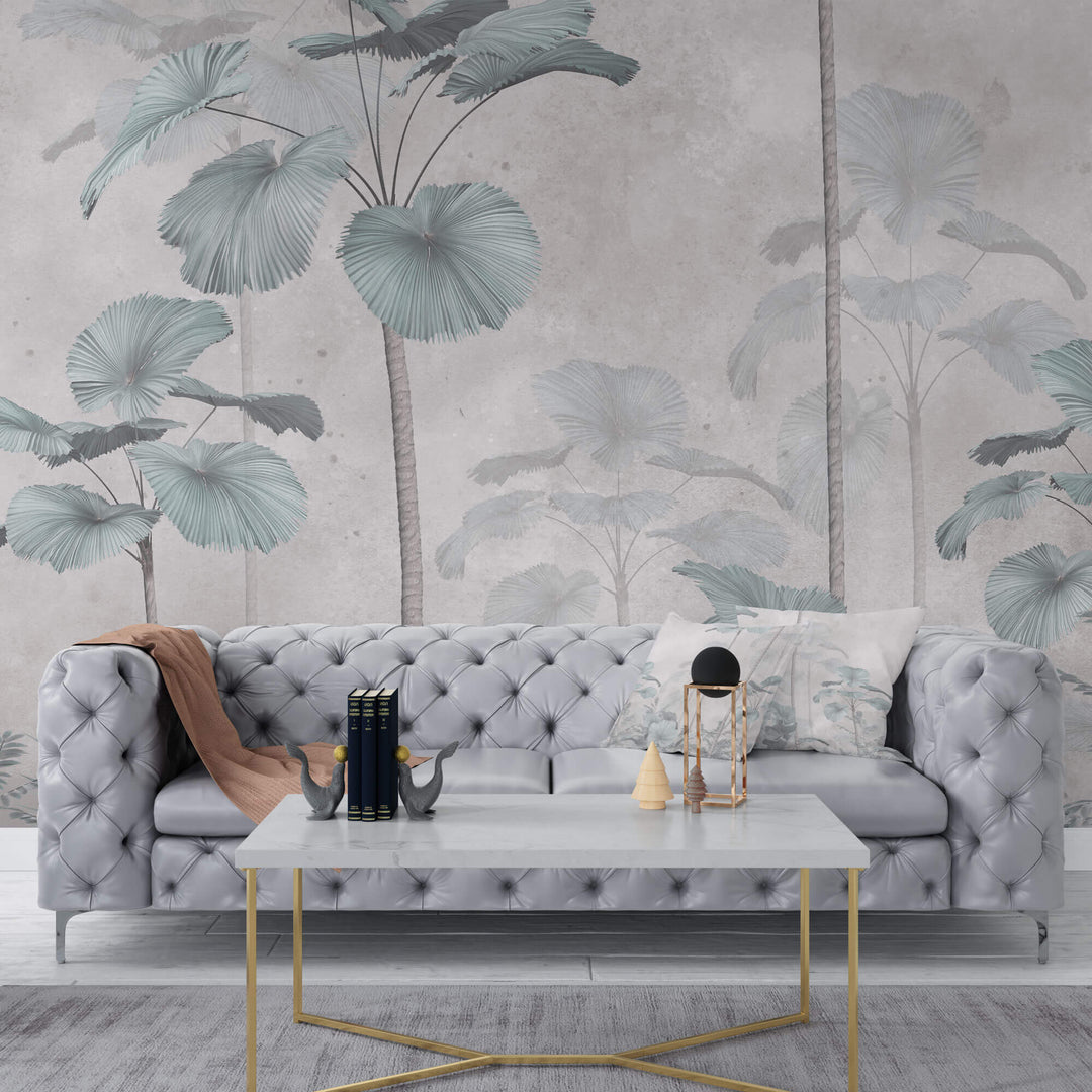 Tapet Personalizat Leaf cu palmieri tropicali in nuante de verde si gri - PALE CYAN PALMS