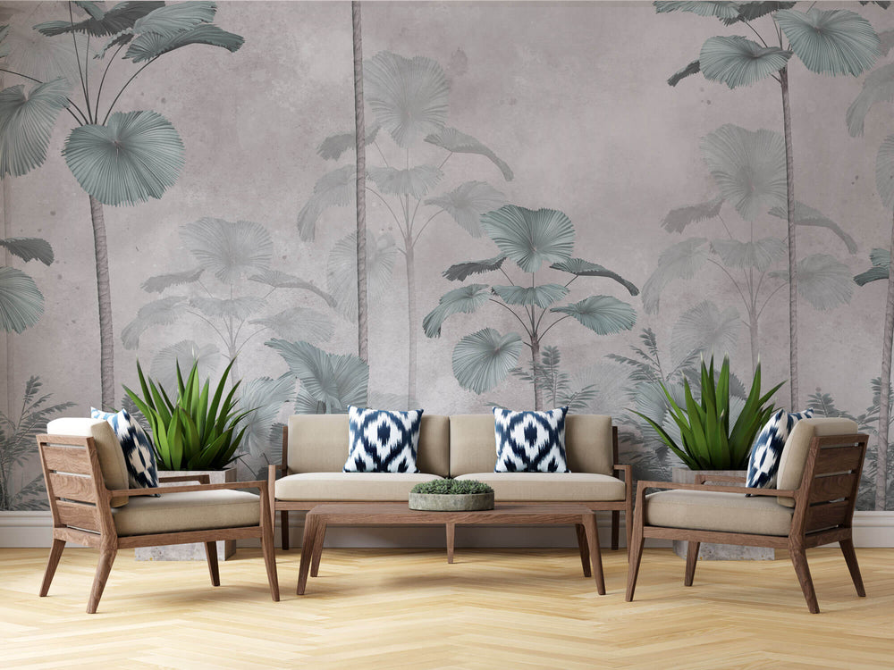 Tapet Personalizat Leaf cu palmieri tropicali in nuante de verde si gri - PALE CYAN PALMS