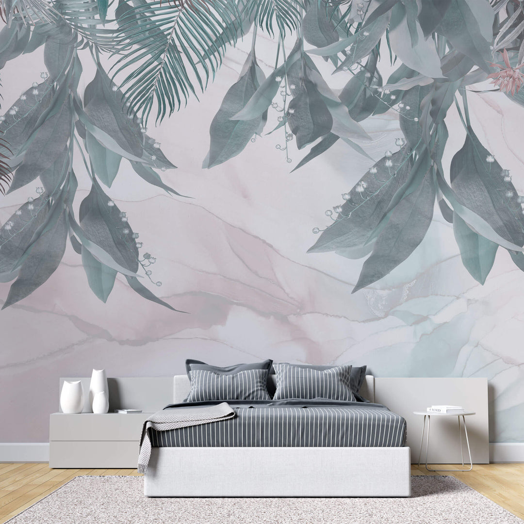 Tapet Personalizat Leaf cu frunze si flori de margaritar pe un fundal de marmura pastel - LILY OF THE VALLEY