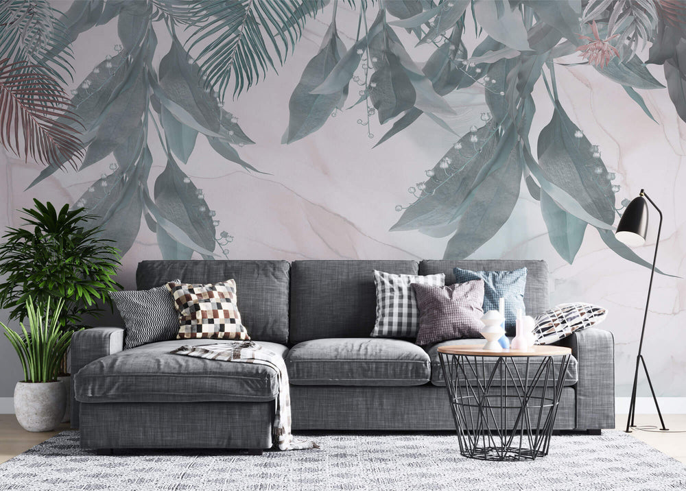 Tapet Personalizat Leaf cu frunze si flori de margaritar pe un fundal de marmura pastel - LILY OF THE VALLEY