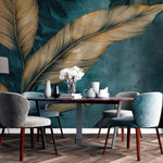 Tapet Personalizat Leaf cu frunze tropicale in nuante aramii pe un fundal turcoaz - TURQUOISE GOLD LEAF