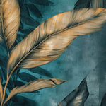 Tapet Personalizat Leaf cu frunze tropicale in nuante aramii pe un fundal turcoaz - TURQUOISE GOLD LEAF
