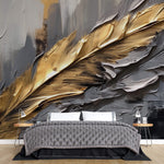 Tapet Personalizat Leaf cu pene in pictura acrilica in nuante aurii si gri - ACRYLIC GOLDEN FEATHER