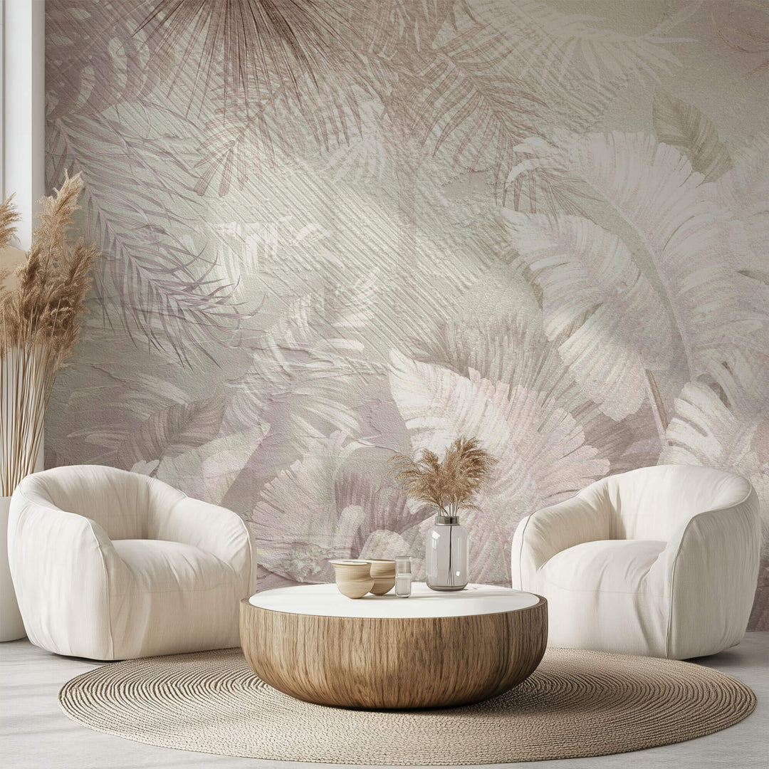 Tapet Personalizat Leaf cu textura de plaster si frunze in nuante roz pastel - PINK PLASTER LEAVES