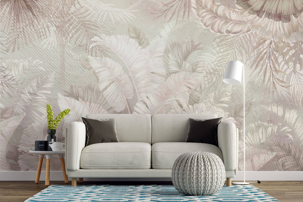 Tapet Personalizat Leaf cu textura de plaster si frunze in nuante roz pastel - PINK PLASTER LEAVES
