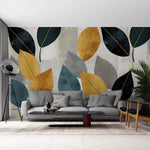 Tapet Personalizat Leaf cu frunze in nuante de galben albastru si negru - MOSAIQUE LEAVES