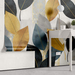 Tapet Personalizat Leaf cu frunze in nuante de galben albastru si negru - MOSAIQUE LEAVES
