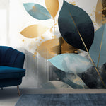 Tapet Personalizat Leaf cu frunze in nuante de albastru si auriu - SIMPLY BLUE