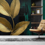 Tapet Personalizat Leaf cu frunze aurii pe un fundal acrilic pictat in nuante de verde - CANVAS PAINTED LEAVES