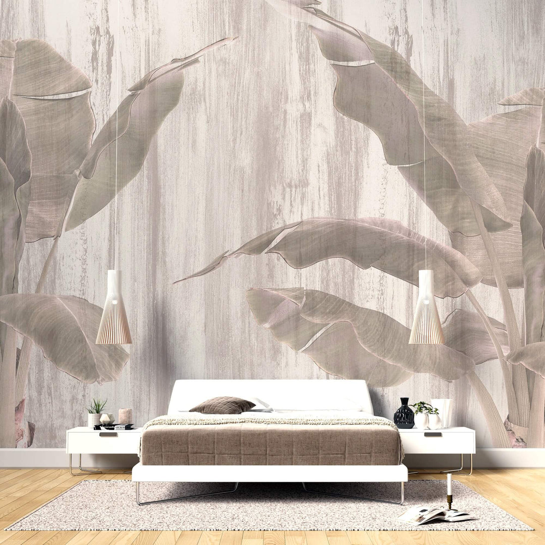 Tapet Personalizat Leaf cu bananieri intr-un fundal gri texturat - PINKY BANANA TREES
