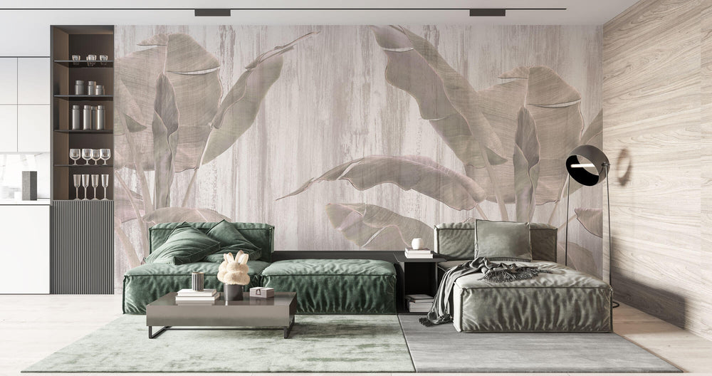 Tapet Personalizat Leaf cu bananieri intr-un fundal gri texturat - PINKY BANANA TREES