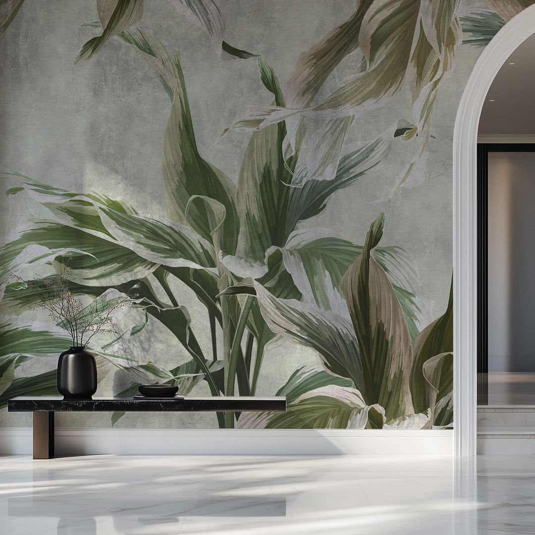 Tapet Personalizat Leaf cu plante verzi pe un fundal gri texturat - GREEN DRACAENA