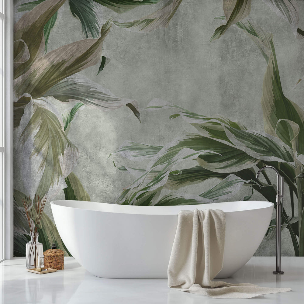 Tapet Personalizat Leaf cu plante verzi pe un fundal gri texturat - GREEN DRACAENA