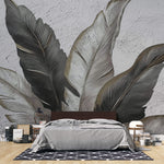 Tapet Personalizat Leaf cu pene gri si negre pe un fundal texturat stucco - ELEGANT STUCCO FEATHERS