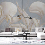 Tapet Personalizat Leaf cu frunze albe cu insertii aurii pe un fundal gri-albastrui - REFINED LEAVES