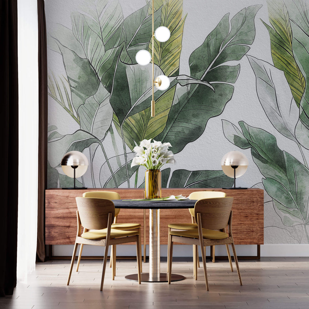 Tapet Personalizat Leaf cu frunze verzi tropicale pe un fundal alb texturat - TROPICAL FADE