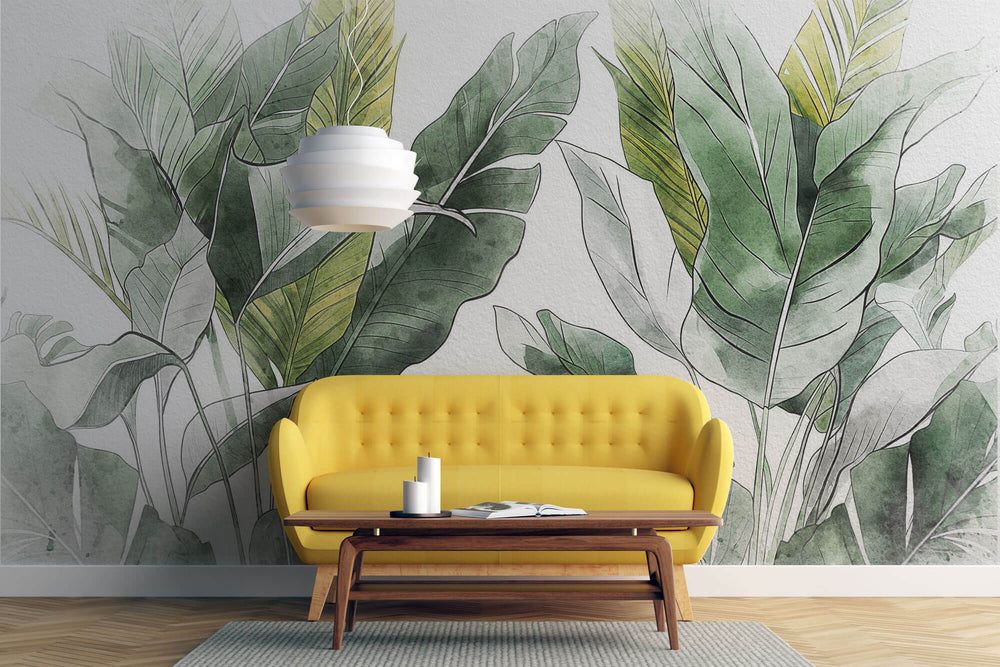 Tapet Personalizat Leaf cu frunze verzi tropicale pe un fundal alb texturat - TROPICAL FADE