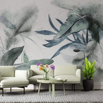 Tapet Personalizat Leaf cu frunze verzi si ablastrui tropicale pe un fundal alb texturat - TAINTED INK LEAVES