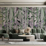 Tapet Personalizat Leaf cu frunze verzi si fundal mov cu model abstract - LILAC DRAPES