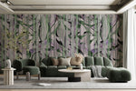 Tapet Personalizat Leaf cu frunze verzi si fundal mov cu model abstract - LILAC DRAPES