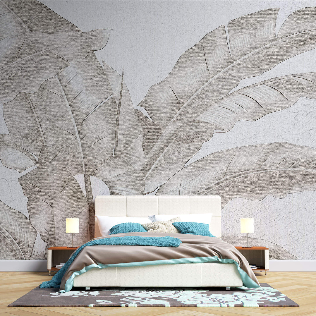 Tapet Personalizat Leaf cu frunze bej de bananier pe un fundal de plaster - DOTS BANANA LEAVES
