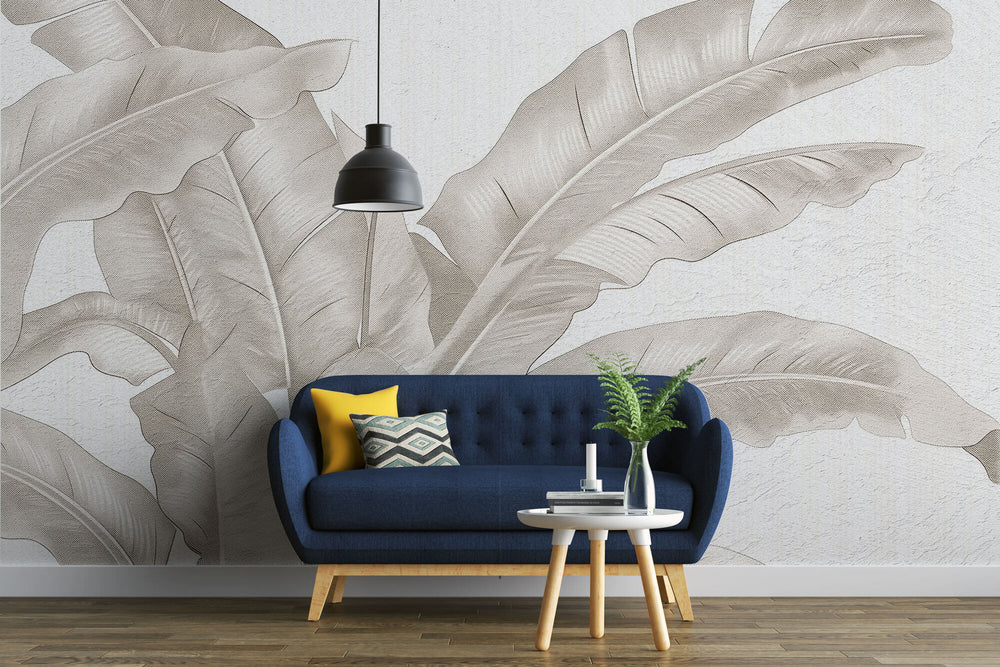 Tapet Personalizat Leaf cu frunze bej de bananier pe un fundal de plaster - DOTS BANANA LEAVES