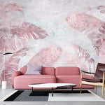 Tapet Personalizat Leaf cu frunze tropicale in nuante de roz si mov pe un fundal texturat - PURPLE LEAF WALL