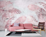 Tapet Personalizat Leaf cu frunze tropicale in nuante de roz si mov pe un fundal texturat - PURPLE LEAF WALL