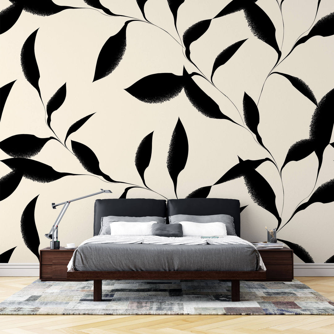 Tapet Personalizat Leaf cu funze negre pictate in stil minimalist japonez - JAPANDI BOTANIC