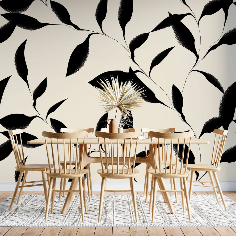 Tapet Personalizat Leaf cu funze negre pictate in stil minimalist japonez - JAPANDI BOTANIC
