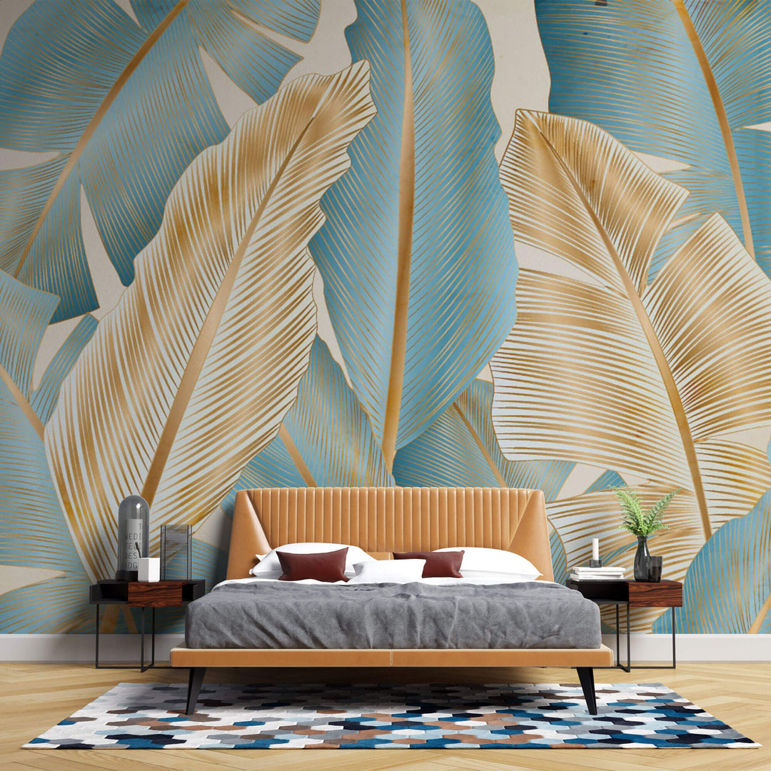 Tapet Personalizat Leaf cu frunze aurii si albastre - FREEDOM FEATHERS