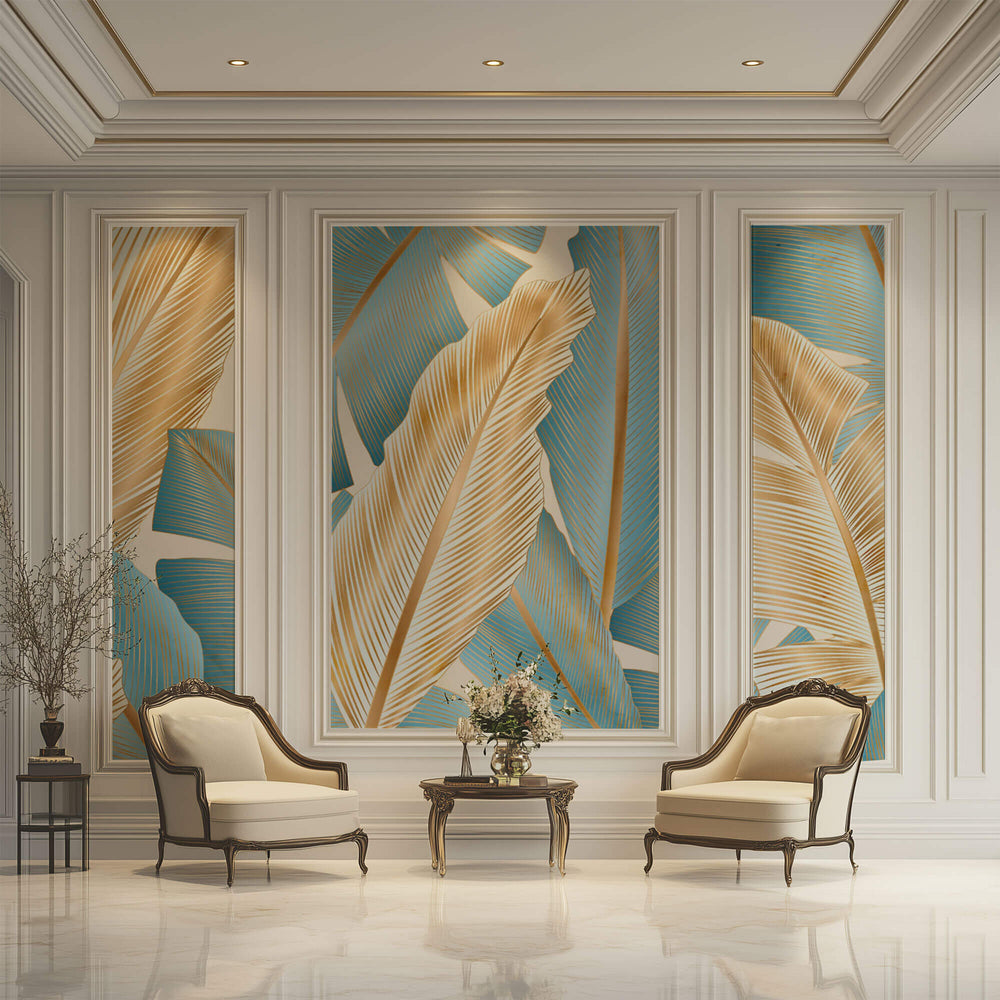 Tapet Personalizat Leaf cu frunze aurii si albastre - FREEDOM FEATHERS