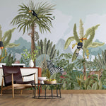 Tapet tropical personalizat cu jungla ilustrata care curpinde flora si fauna tropicala contine frunze tropicale de monstera palmieri bananieri cocotieri flori tropicale de planta paradisului nuci de cocos dar si zebre specii de papagali tropicali papagalul toucan urias leopard flamingo maimuta jungle illustration