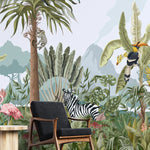 Tapet tropical personalizat cu jungla ilustrata care curpinde flora si fauna tropicala contine frunze tropicale de monstera palmieri bananieri cocotieri flori tropicale de planta paradisului nuci de cocos dar si zebre specii de papagali tropicali papagalul toucan urias leopard flamingo maimuta jungle illustration