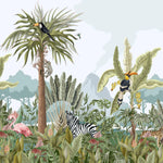 Tapet tropical personalizat cu jungla ilustrata care curpinde flora si fauna tropicala contine frunze tropicale de monstera palmieri bananieri cocotieri flori tropicale de planta paradisului nuci de cocos dar si zebre specii de papagali tropicali papagalul toucan urias leopard flamingo maimuta jungle illustration